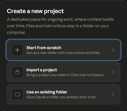 starting a new project in claude cowork